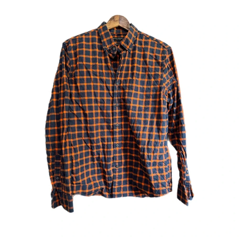 Banana Republic Luxe Flannel Shirt‎ Mens M Orange Navy Slim Fit Excellent Plaid